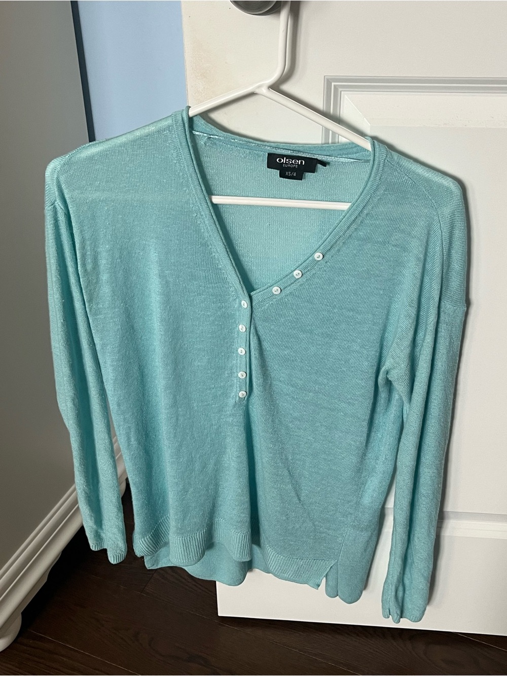 Olsen Light Teal Button-Accent V-Neck Sweater